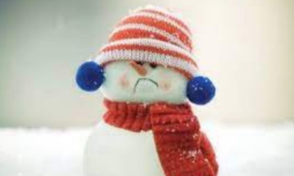 Frowning snowman in hat, earmuff and scarf