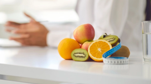 Fresh fruits wrapped in a measuring tape beside a glass of water, symbolizing bariatric‑focused healthy eating.