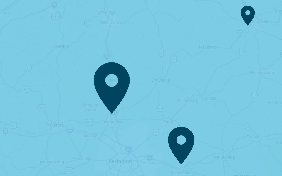 Blue map of Central Kentucky with icons designating bariatric locations in Georgetown, Maysville and Winchester
